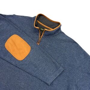 Orvis Quarter Zip Sweater Heather Blue Leather Trim Elbow Patches Mock Neck XXL